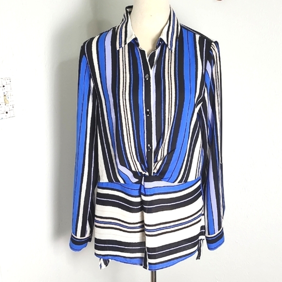 Jones New York Striped Blue, White & Black Buttondown with Ruching at Waist Sz M - Picture 1 of 10